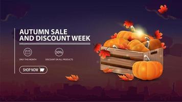 Autumn sale and discount week, discount banner with city on background, wooden crates of ripe pumpkins and autumn eaves vector