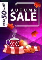 Autumn sale, purple vertical web banner with mug of hot tea and warm scarf vector