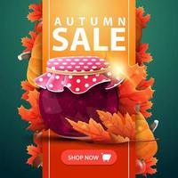 Autumn sale, web banner with ribbon, jar of jam and maple leaves vector