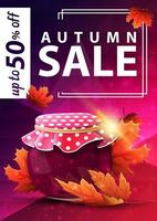 Autumn sale, pink vertical web banner with jar of jam and maple leaves vector