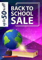 Back to school sale, purple vertical web banner with globe and school textbooks vector