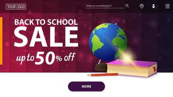 Back to school sale, modern pink horizontal web banner with globe and school textbooks vector