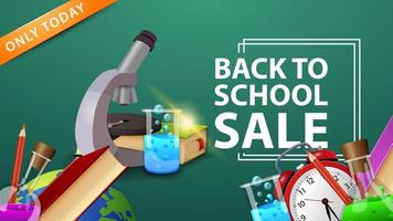 Back to school sale, discount banner with school supplies decor, microscope, books and chemical flask vector