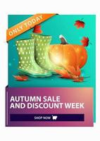 Venta de otoño, banner web vertical de descuento con botas de goma y calabaza. vector