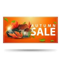 Autumn sale, orange discount banner with mushrooms and autumn leaves vector