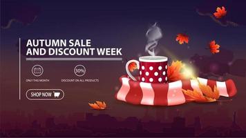 Autumn sale and discount week, discount banner with city on background, mug of hot tea and warm scarf vector