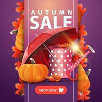 Autumn sale, web banner with ribbon, garden watering can, umbrella and ripe pumpkin vector