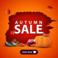 Autumn sale, orange web banner with a hole in the wall, pumpkin, mushrooms, jar of jam and maple leaves vector