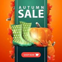 Autumn sale, web banner with ribbon, rubber boots and pumpkin vector