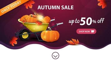 Autumn sale, pink web banner template with button, garden wheelbarrow with a harvest of pumpkins and autumn leaves vector