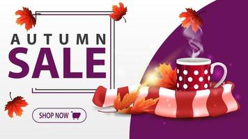 Autumn sale, white banner with mug of hot tea and warm scarf vector