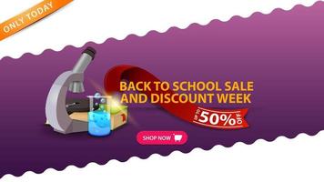 Back to school sale and discount week, blue banner with microscope, books and chemical flask vector