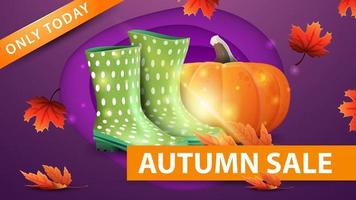 Autumn sale, modern purple discount banner in paper cut style with rubber boots and pumpkin vector