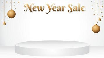 White New Year Sale Background with Copy Space, Blank Podium and Golden Ornament. Suitable for media promotion at Christmas and New Year. vector