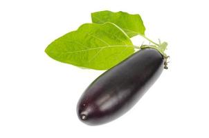 Ripe black purple eggplant with a green tail on a white background. photo