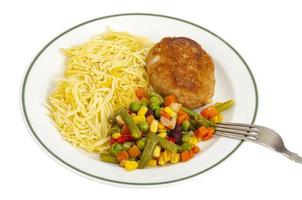 Plate with noodles, vegetables and breaded cutlet. photo