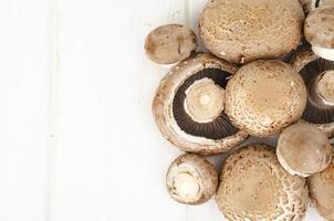 Fresh brown cultivated mushrooms champignons on wooden background. Studio Photo