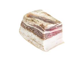 Piece of salted pork belly isolated on white background, lard. photo