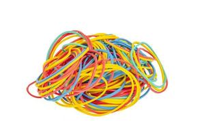 Many colourful multi coloured elastic rubber bands on white background. photo