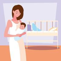 cute mother carrying little son avatar character vector