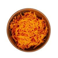 Spicy pickled carrots in bowl on white plate. photo