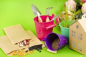 Gardening tools on green background. Gardening concept composition. View from above photo