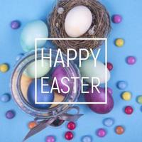 Colorful background with Easter eggs on blue background. Happy Easter concept. Can be used as poster, background, holiday card. photo
