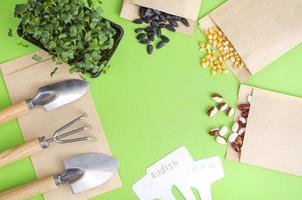 preparación de primavera y planificación para la siembra de hortalizas. semillas de vegetales en sobres de papel artesanal. trabajo de jardinería estacional foto