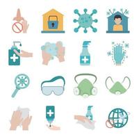 covid 19 coronavirus, prevention outbreak disease pandemic virus icons set flat design icon vector