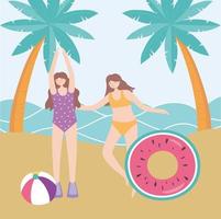 verano, playa, mujeres, con, flotador, y, palmeras, vacaciones, turismo vector