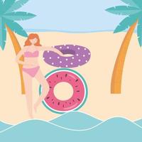 summer time girl with floats and palm s beach vacation tourism vector