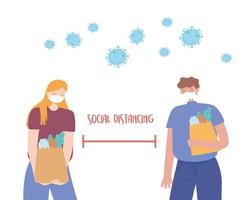 covid 19 prevención del distanciamiento social por coronavirus, hombre y mujer con mascarilla sosteniendo bolsas de la compra manteniendo distancia vector