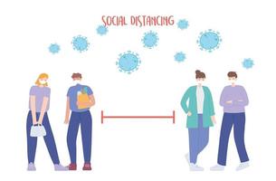 covid 19 coronavirus social distancing prevention, couples making different activities keep distance, people with medical face mask vector