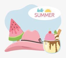 hola viajes de verano y vacaciones sombrero rebanada helado de sandía vector