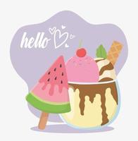 hello summer travel and vacation watermelon ice cream in sitck vector