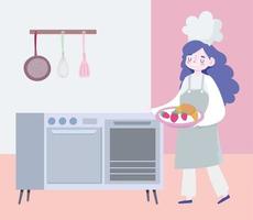 quedarse en casa, chef femenina con comida en la bandeja de dibujos animados, cocinar actividades de cuarentena vector