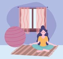 stay at home, girl in meditation yoga pose, self isolation, activities in quarantine for coronavirus vector