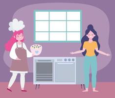 stay at home, female chef and girl in the kitchen cartoon, quarantine activities vector