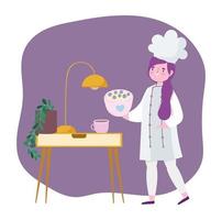 stay at home, female chef with dessert in food cartoon, quarantine activities vector