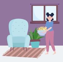 stay at home, girl with noodles in bowl cartoon, cooking quarantine activities vector