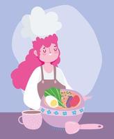 stay at home, female chef with soup in bowl cartoon, cooking quarantine activities vector