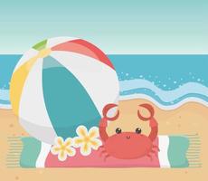 viajes de verano y vacaciones pelota de playa cangrejo flores toalla playa mar vector