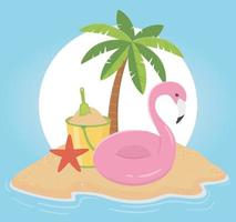 verano viajes y vacaciones flotador flamingo arena cubo pala palmera vector