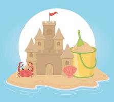 summer travel and vacation sand castle bucket shovel crab and shell vector