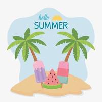 summer travel and vacation ice cream in stick slice watermelon beach palms vector