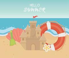 summer travel and vacation lifebuoy sand castle shell shovel flower beach