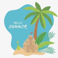 summer travel and vacation sand castle shovel palm tree sand beach vector