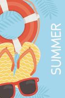 verano viajes y vacaciones chanclas flotador y gafas de sol banner vector