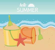 hello summer travel and vacation sand bucket shovel starfish beach sea