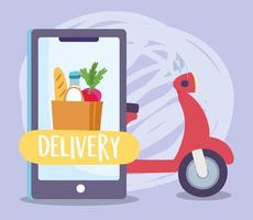 safe delivery at home during coronavirus covid 19, scooter smartphone grocery bag food ordering vector